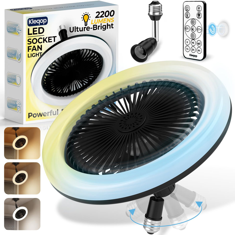 Kleqop socket-fan-light front view showing compact, space-saving design for small rooms