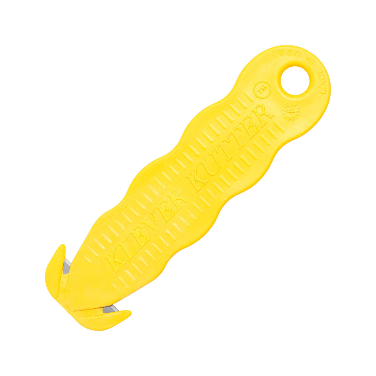 Klever Kutter box cutter showing bright yellow plastic handle.