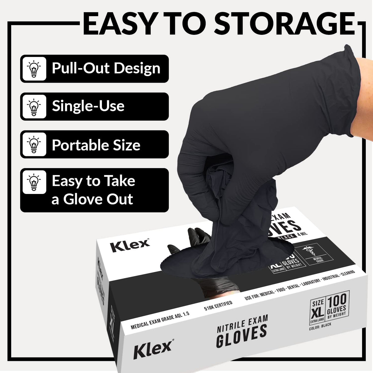 Klex nitrile exam gloves ambidextrous design fits either hand.