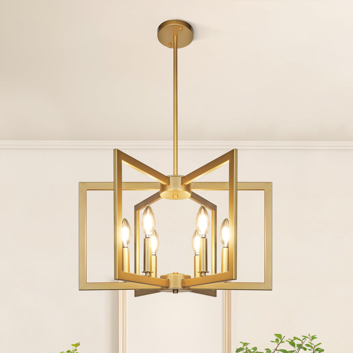 Klgxnrd six-light gold pendant light over dining table for warm ambiance.