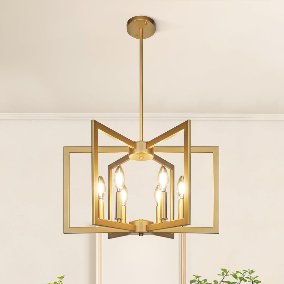 Klgxnrd six-light gold pendant light over dining table for warm ambiance.
