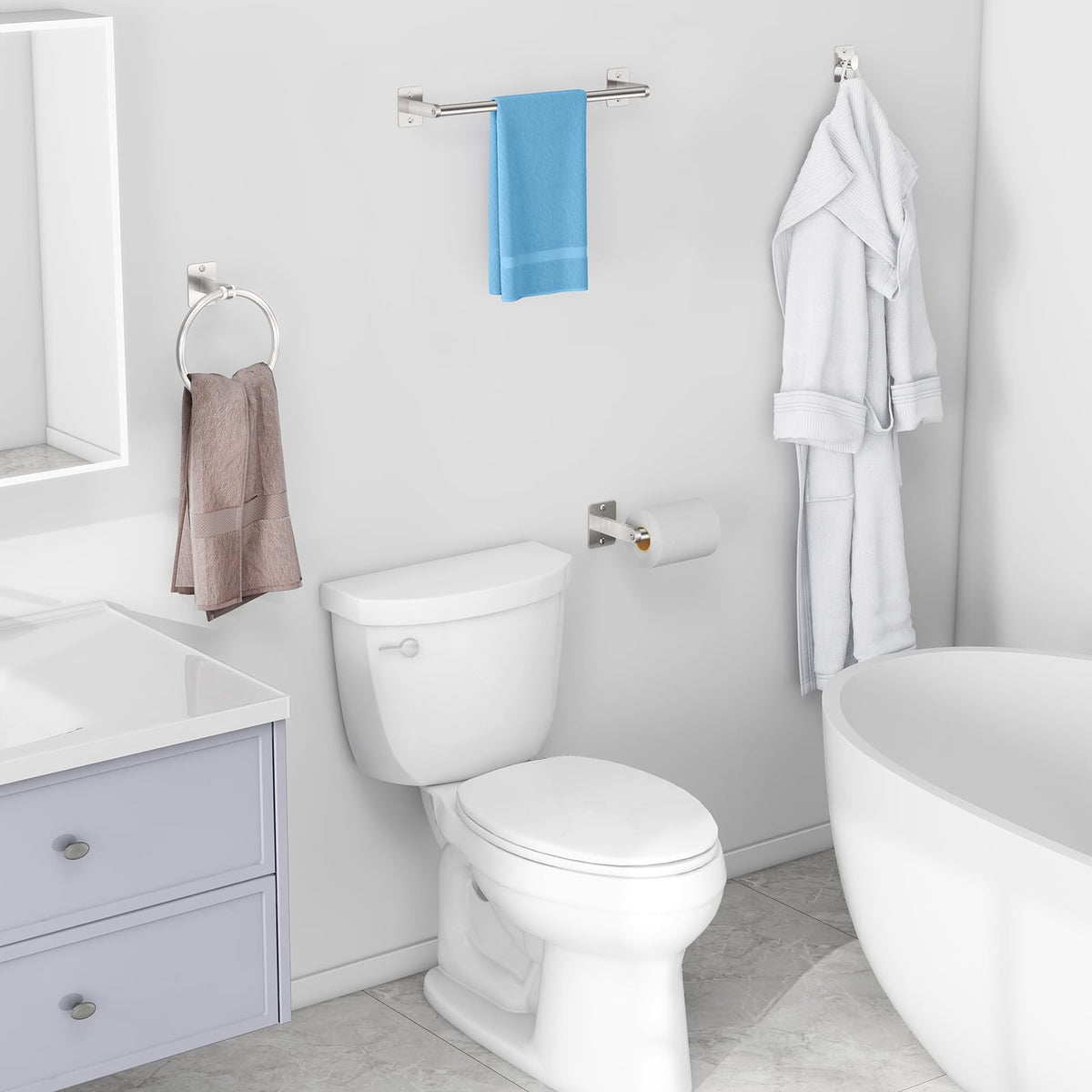 KLJKPA modern bathroom decor in brushed nickel complements any style.