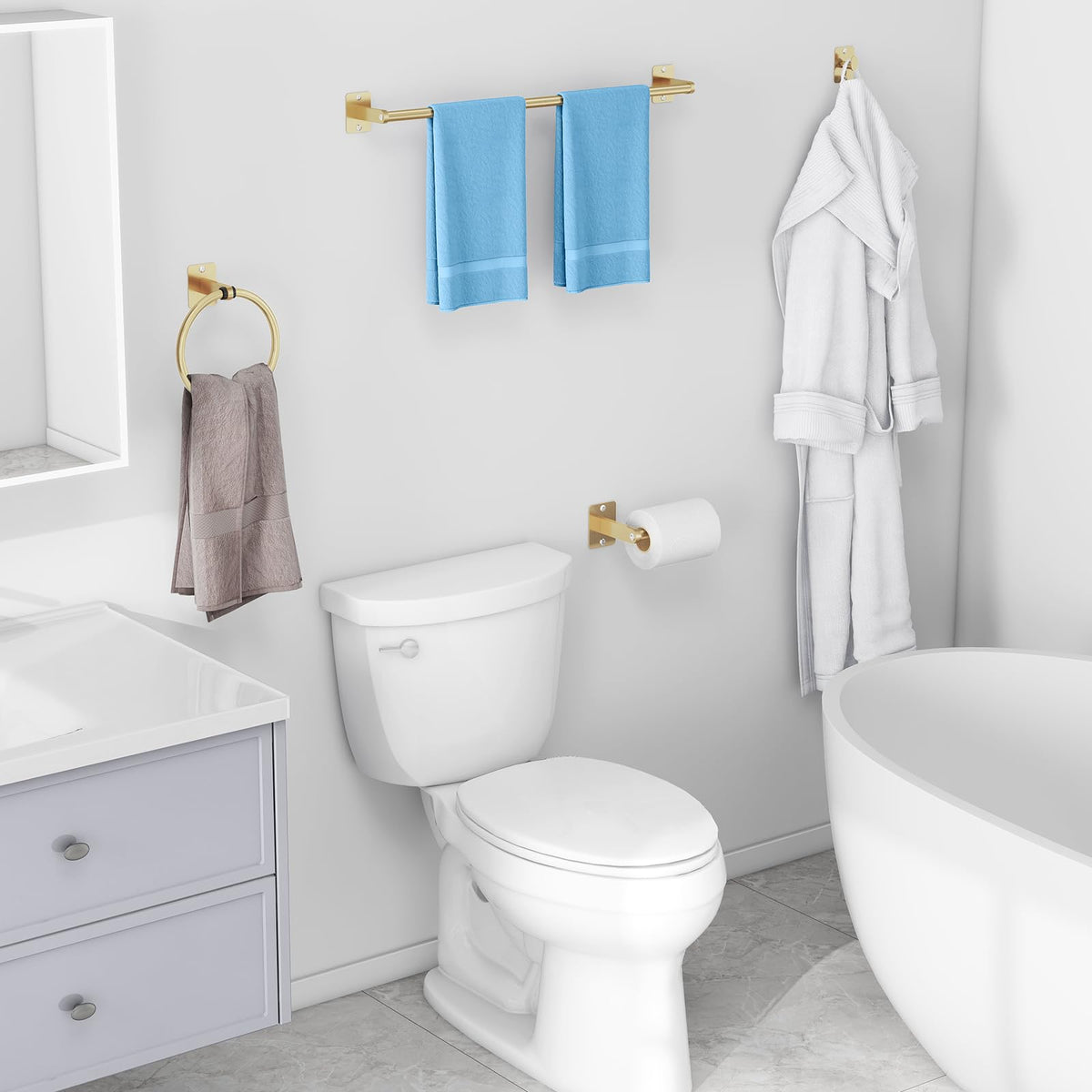KLJKPA gold bathroom finish ties pieces together for cohesive design.