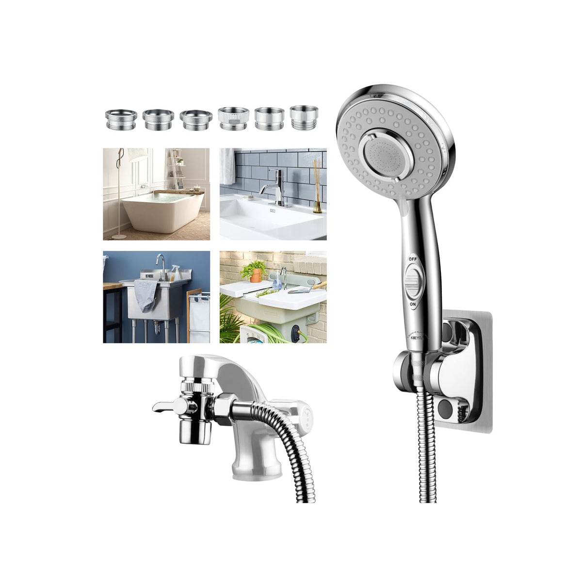 KLLEyna shower head hose attachment overview showing versatile faucet sprayer for bath and pet wash