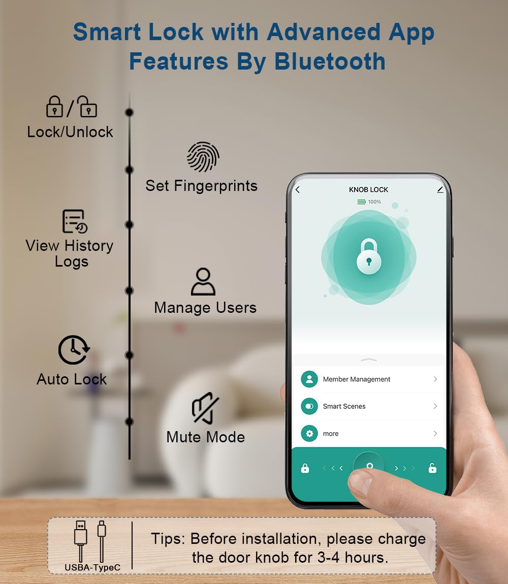 KLLOQUE Door Lock USB-C charging port supports easy recharging.