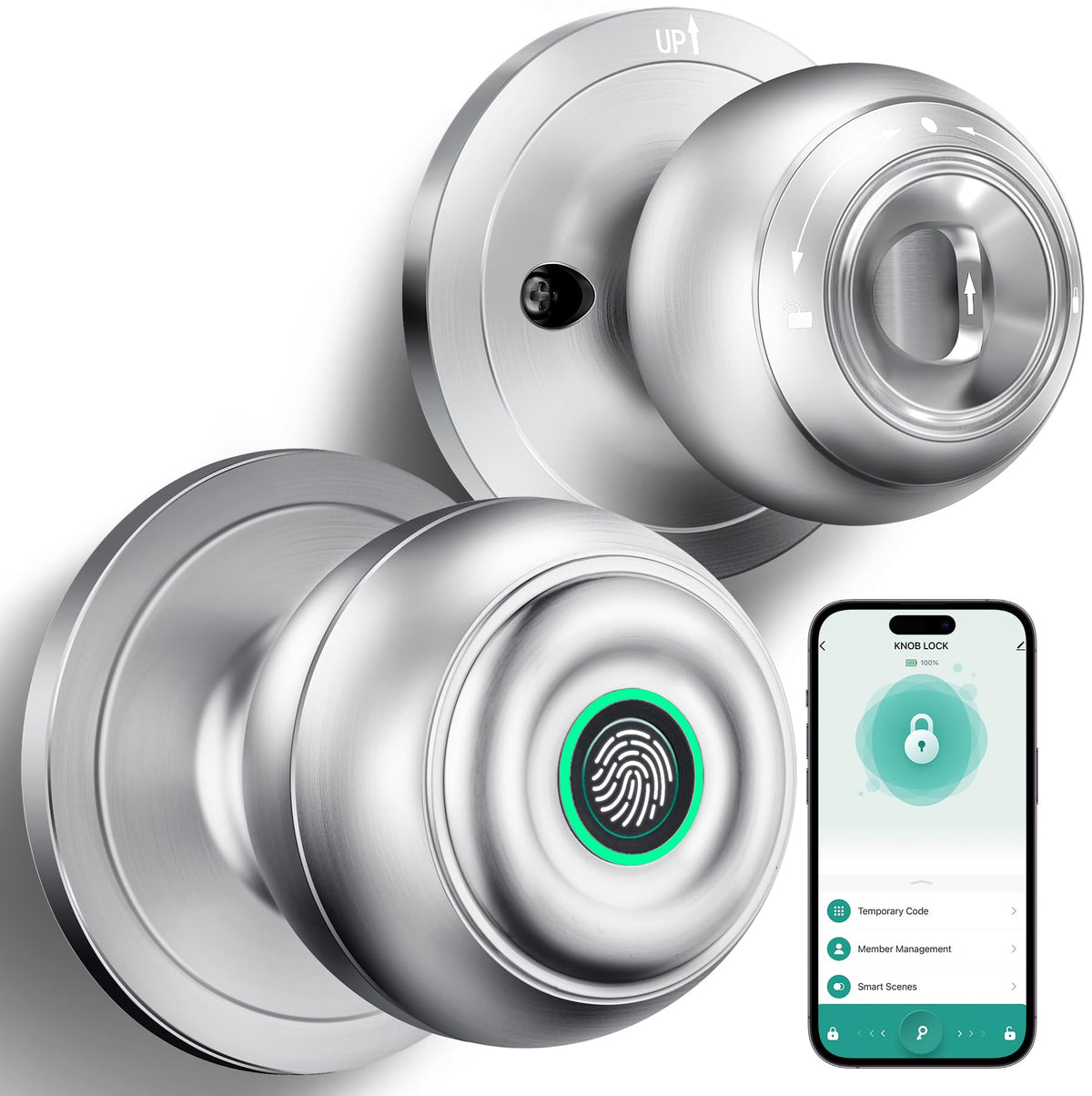 KLLOQUE fingerprint door lock front view with sleek chrome finish for secure entry
