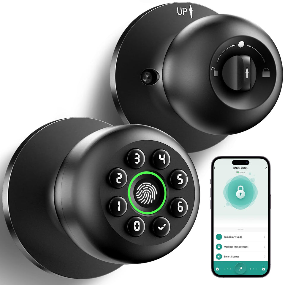KLLOQUE Fingerprint Door Lock front view highlights matte black finish for secure entry.