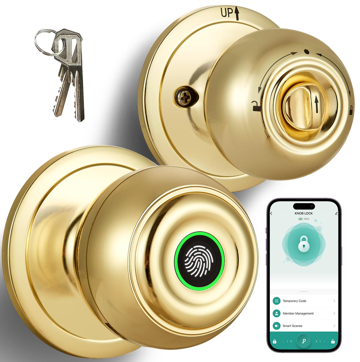 KLLOQUE fingerprint door lock front view in polished brass for secure entry.