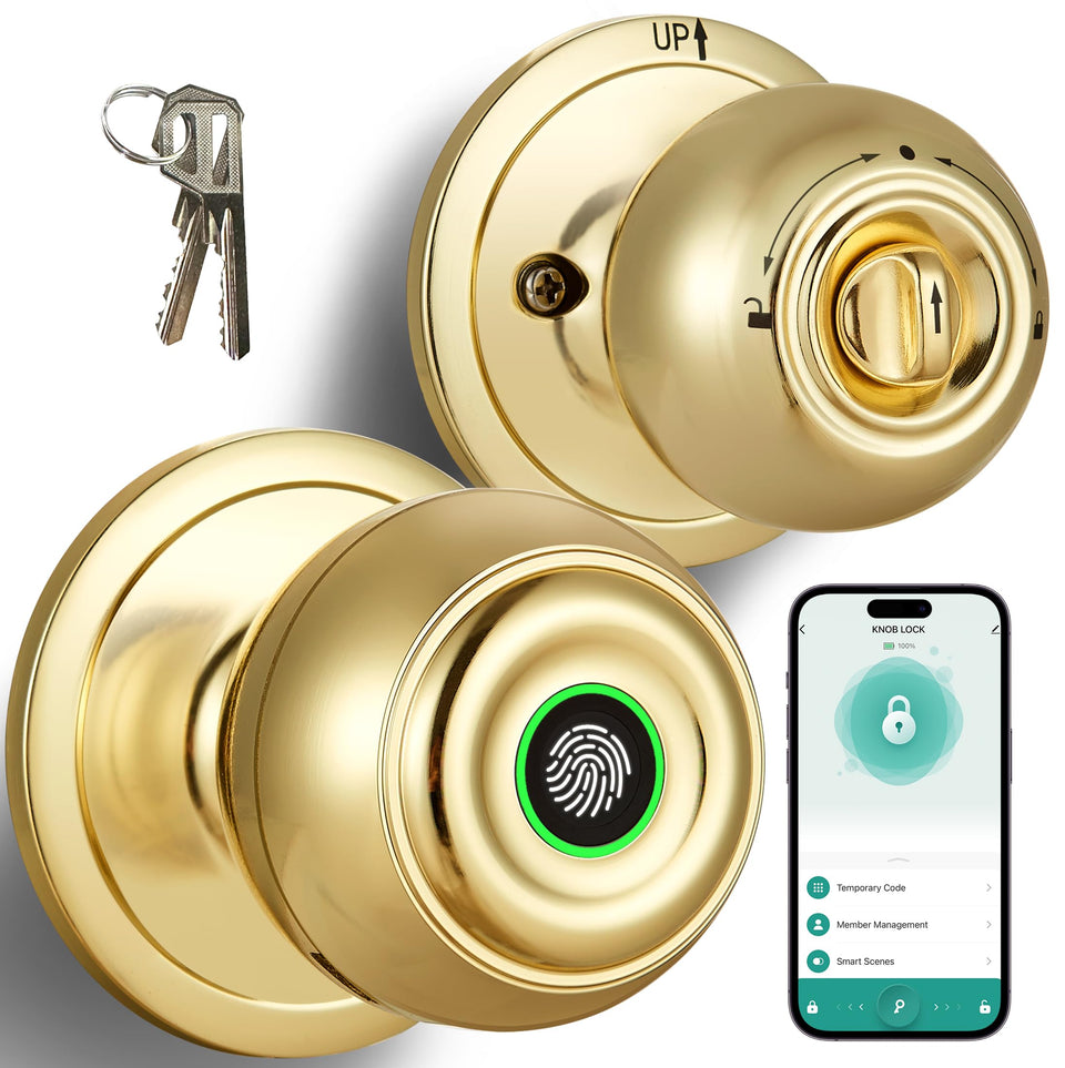 KLLOQUE fingerprint door lock front view in polished brass for secure entry.