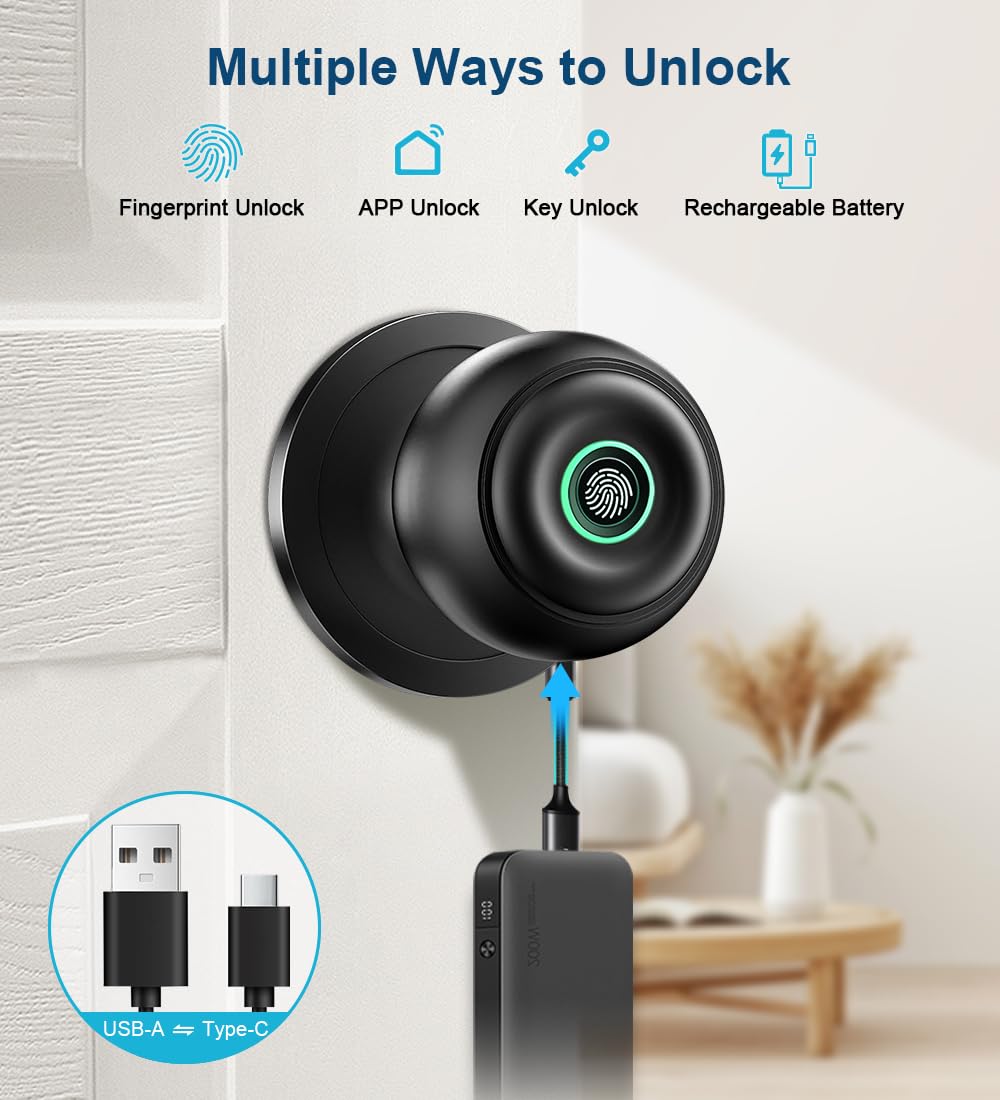 KLLOQUE smart door knob assembly showing biometric unlock and backup key