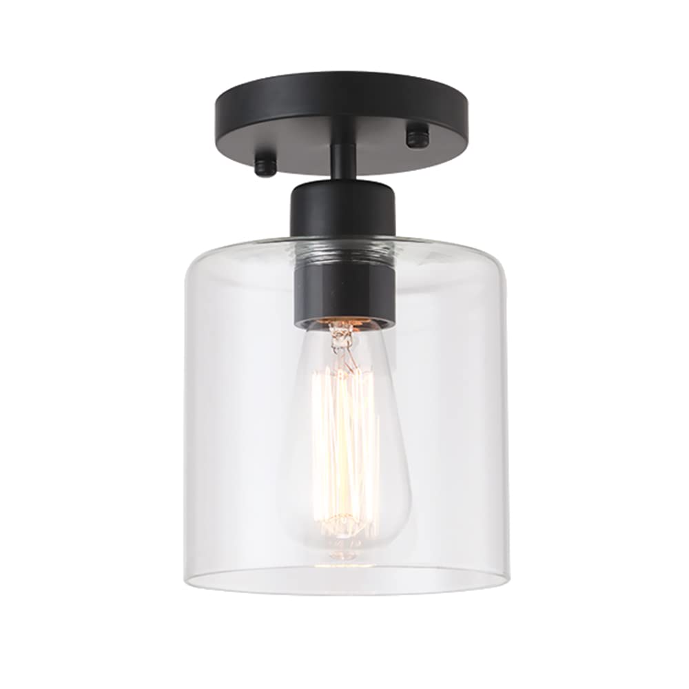KLSS Black Modern Semi-Flush Mount Ceiling Light with glass shade for hallway lighting.