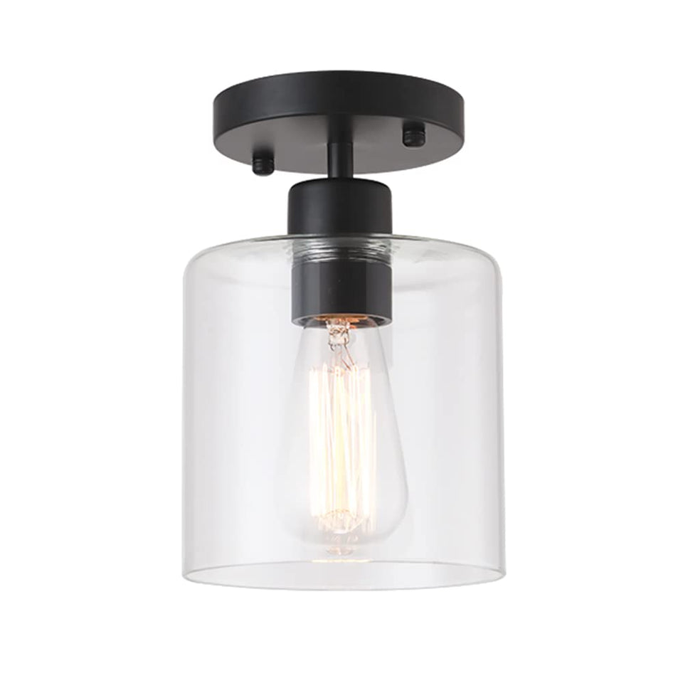 KLSS Black Modern Semi-Flush Mount Ceiling Light with glass shade for hallway lighting.