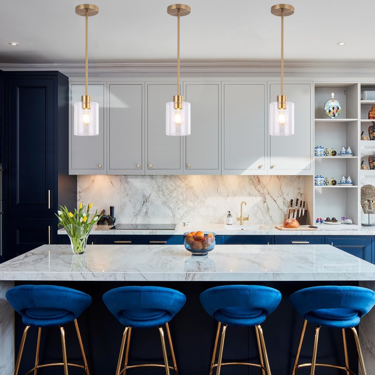 KLSS brass pendant light wide view showing elegant gold glass shade
