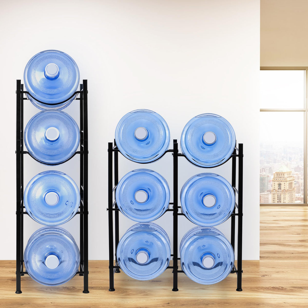 Klvied eight-slot storage rack keeps 5-gallon bottles organized and accessible