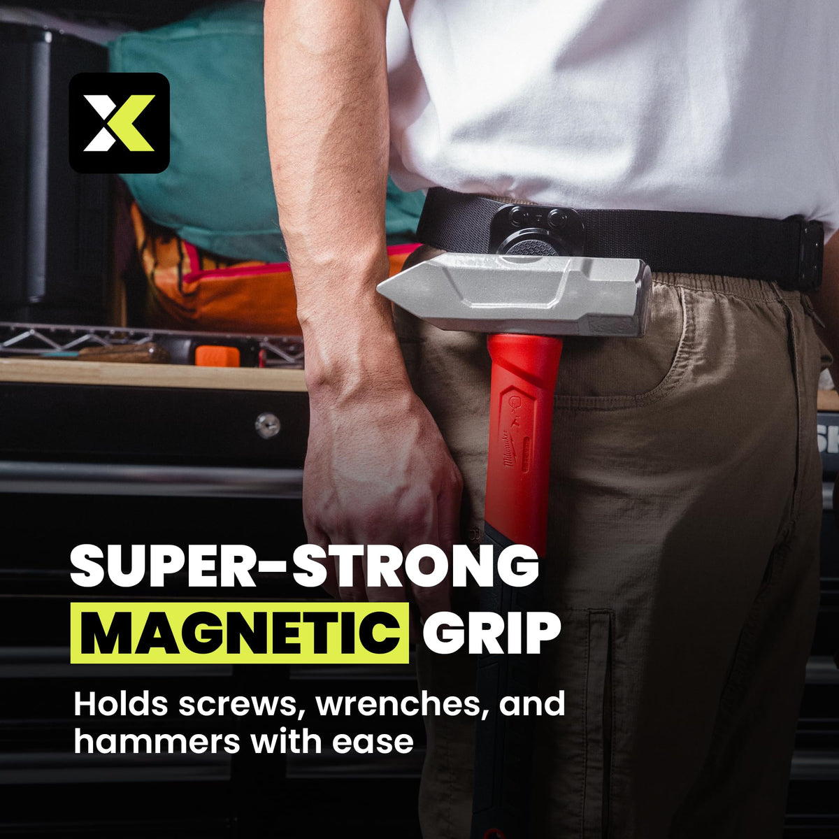 KLX heavy-duty magnet holds sledgehammers and large tools securely.