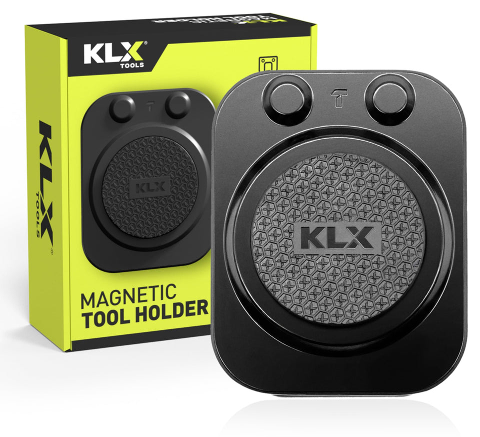 KLX magnetic tool holder on belt securely holds screws and nails.