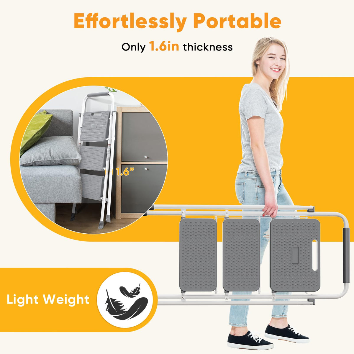 KMFurnila 3-step ladder slip-resistant surface reduces slips and accidents.