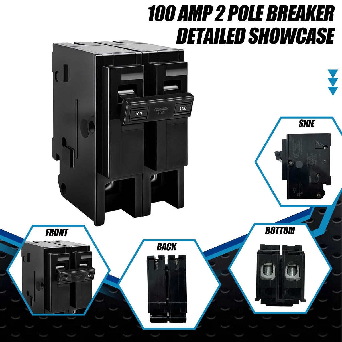 KMHGD 100A 2-pole breaker side view showing mounting features