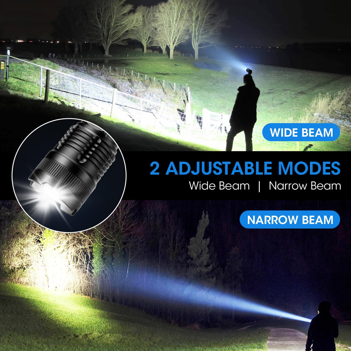Kmivo adjustable-head flashlight showing long-range illumination