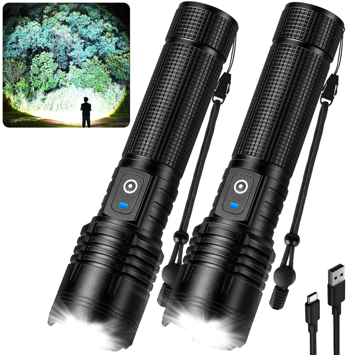 Kmivo flashlight with 99,000-lumen beam for clear outdoor visibility.