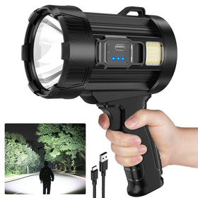 Kmivo rechargeable LED spotlight front view showing broad illumination for outdoor use