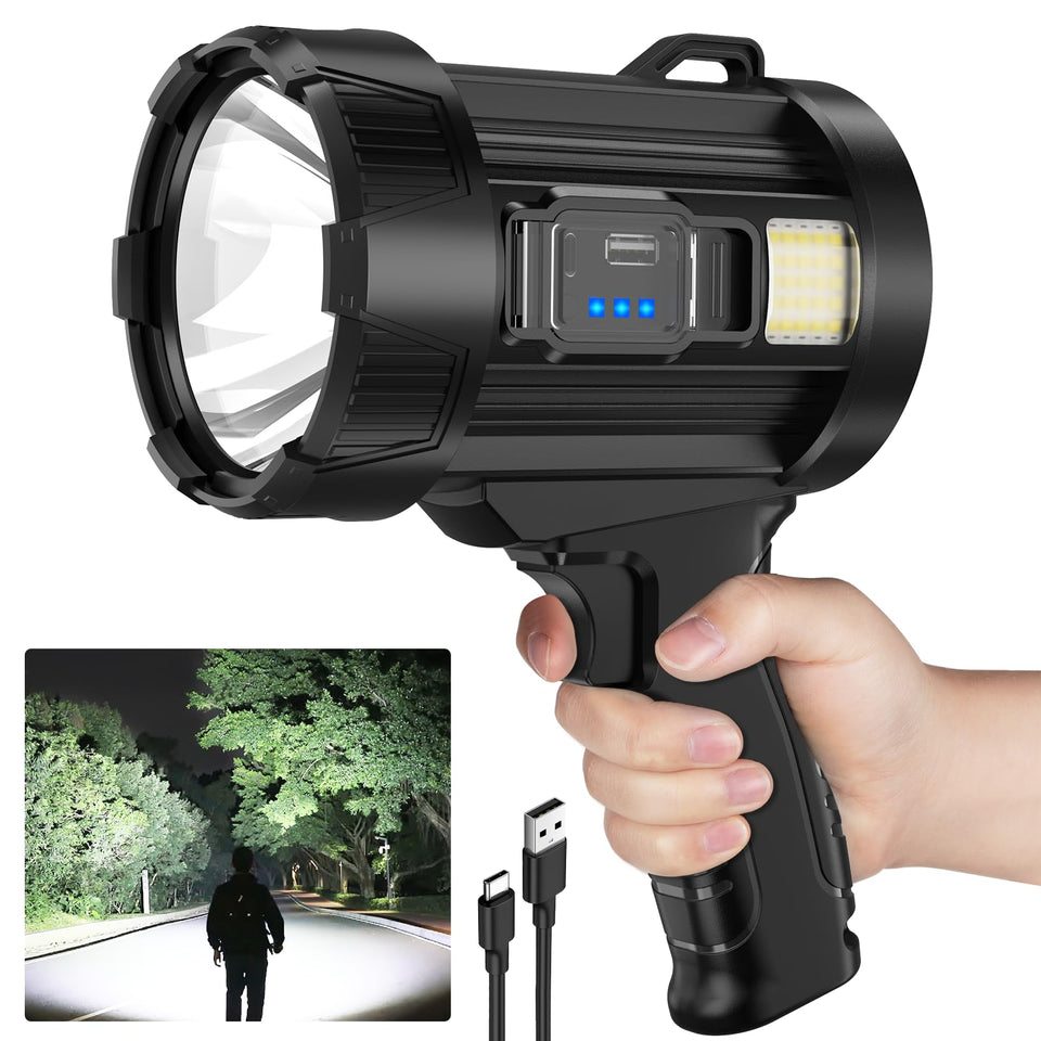Kmivo rechargeable LED spotlight front view showing broad illumination for outdoor use