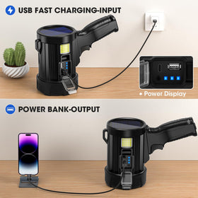 Kmivo spotlight with solar and USB charging enables on-the-go recharging outdoors
