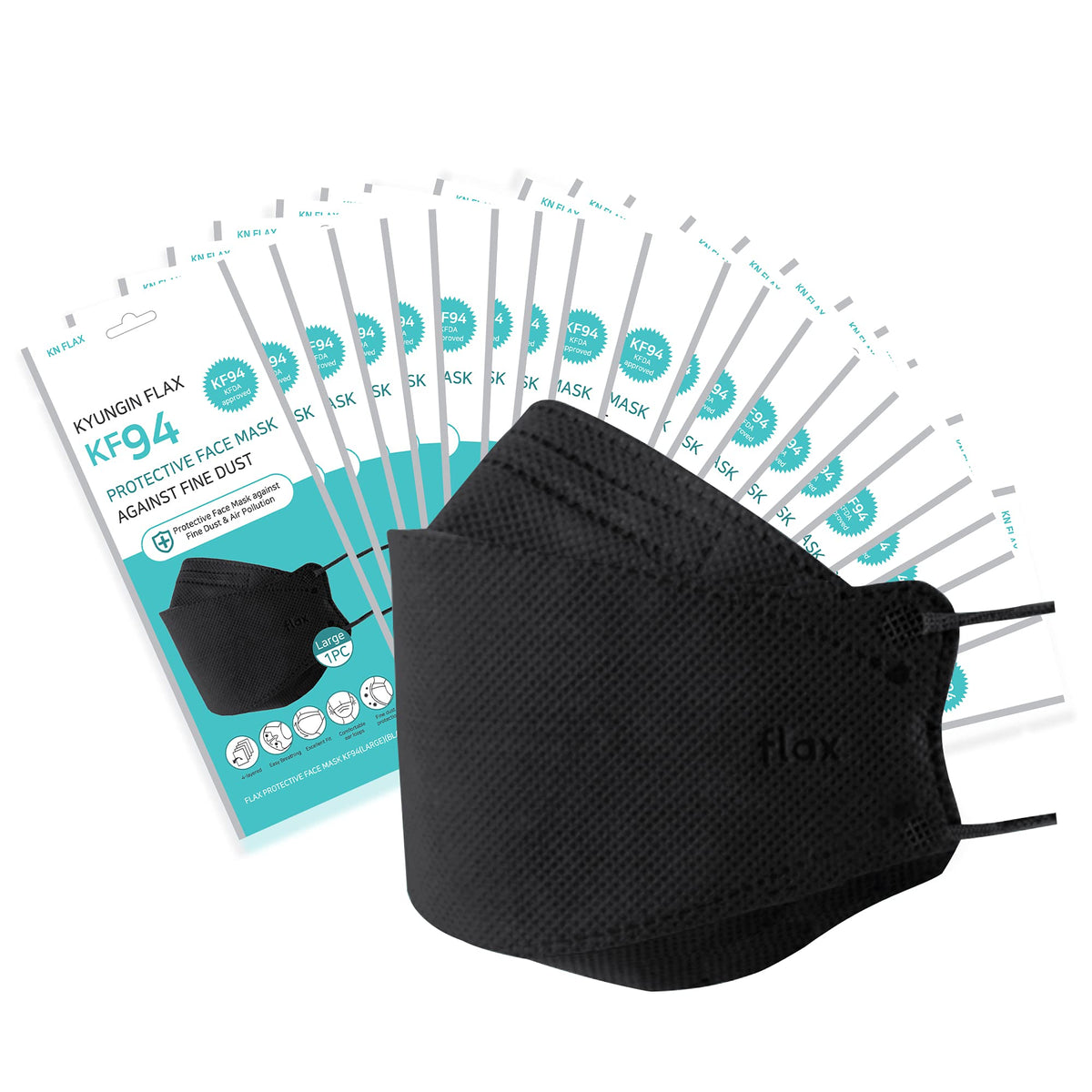 KN FLAX black KF94 mask with 40-pack packaging for adults