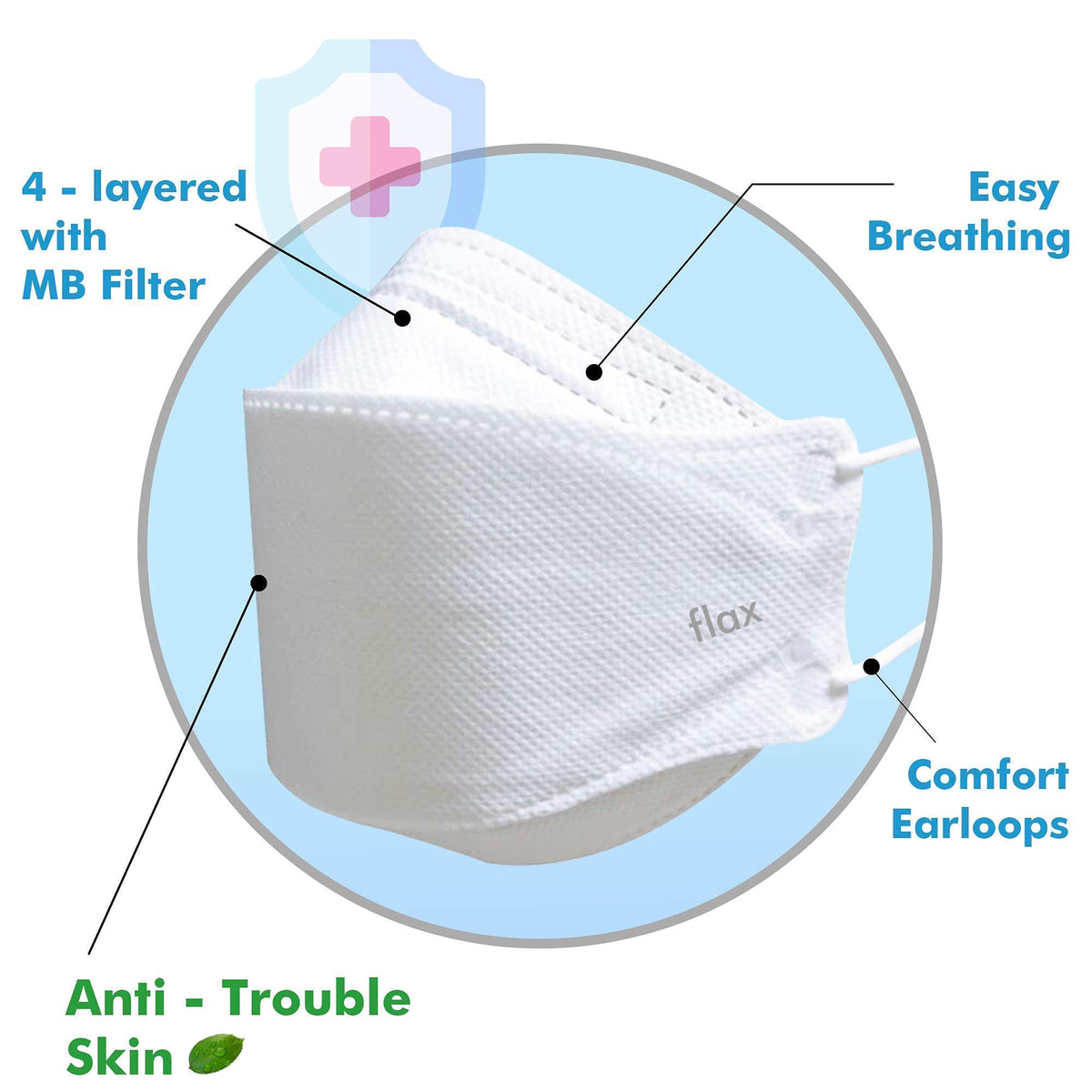 KN FLAX KF94 mask white front view highlighting secure fit and comfort.