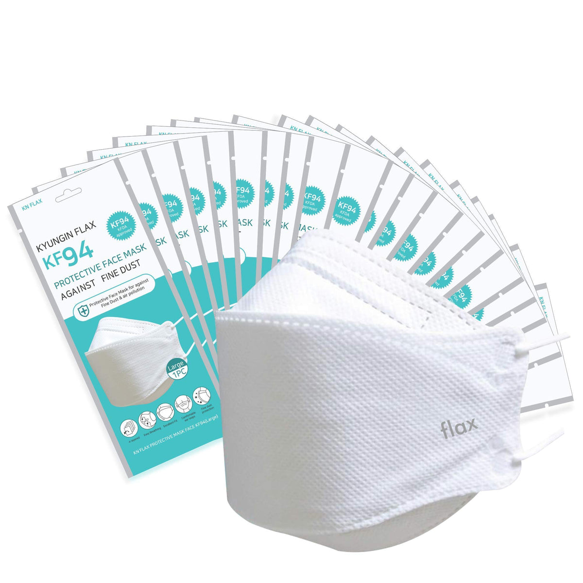 KN FLAX KF94 mask white packaging showing 20 individually packed masks for convenience.