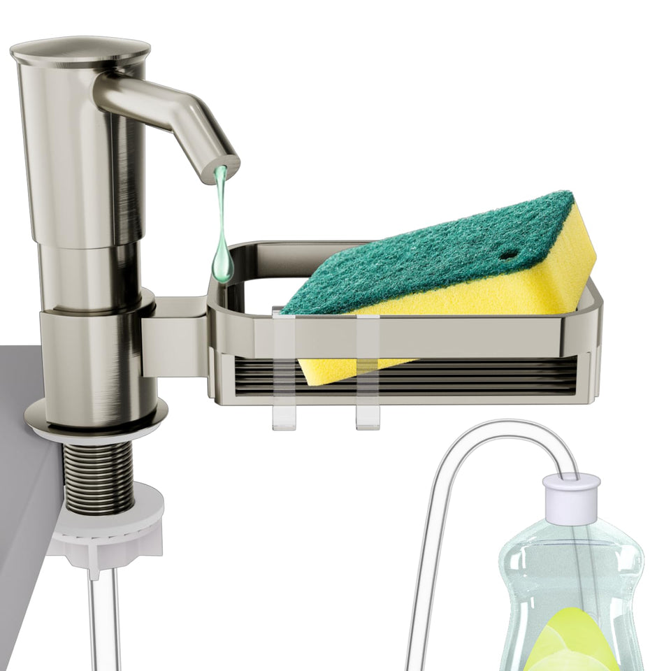 KNEELISA soap dispenser pump with brushed nickel finish at sink edge, organized setup
