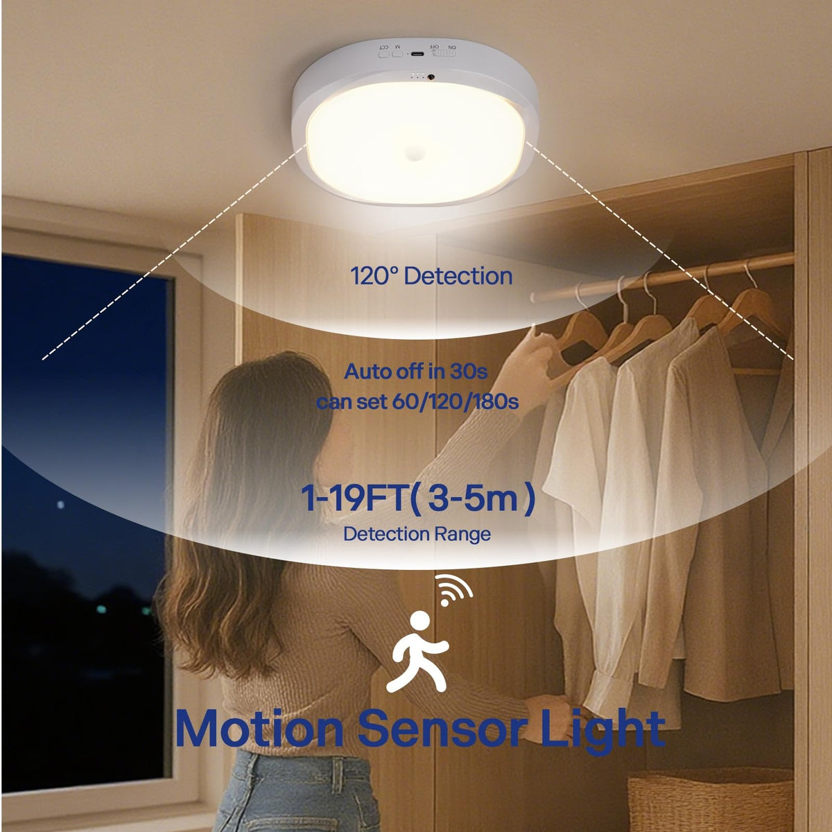 KNHUOS 120 degree motion sensor detects movement within 1-26 ft for automatic lighting