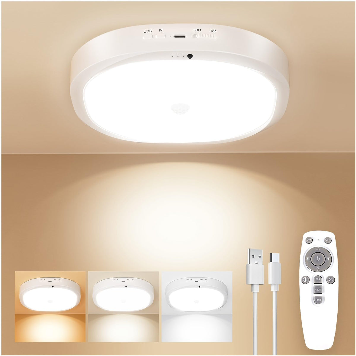 KNHUOS rechargeable motion sensor ceiling light with 10000mAh battery for long cordless use