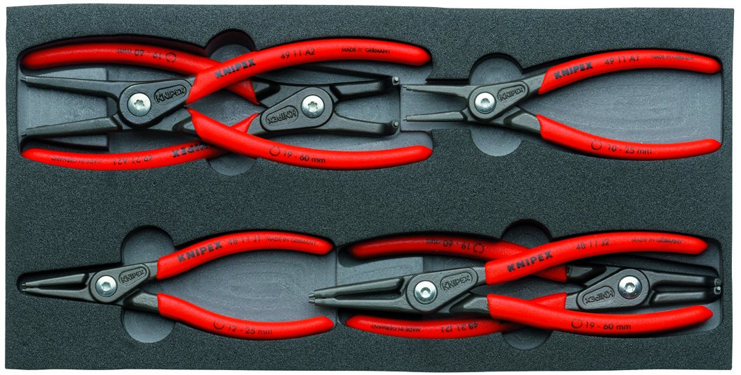 KNIPEX 00 20 01 V02 circlip pliers set in foam tray for quick access.