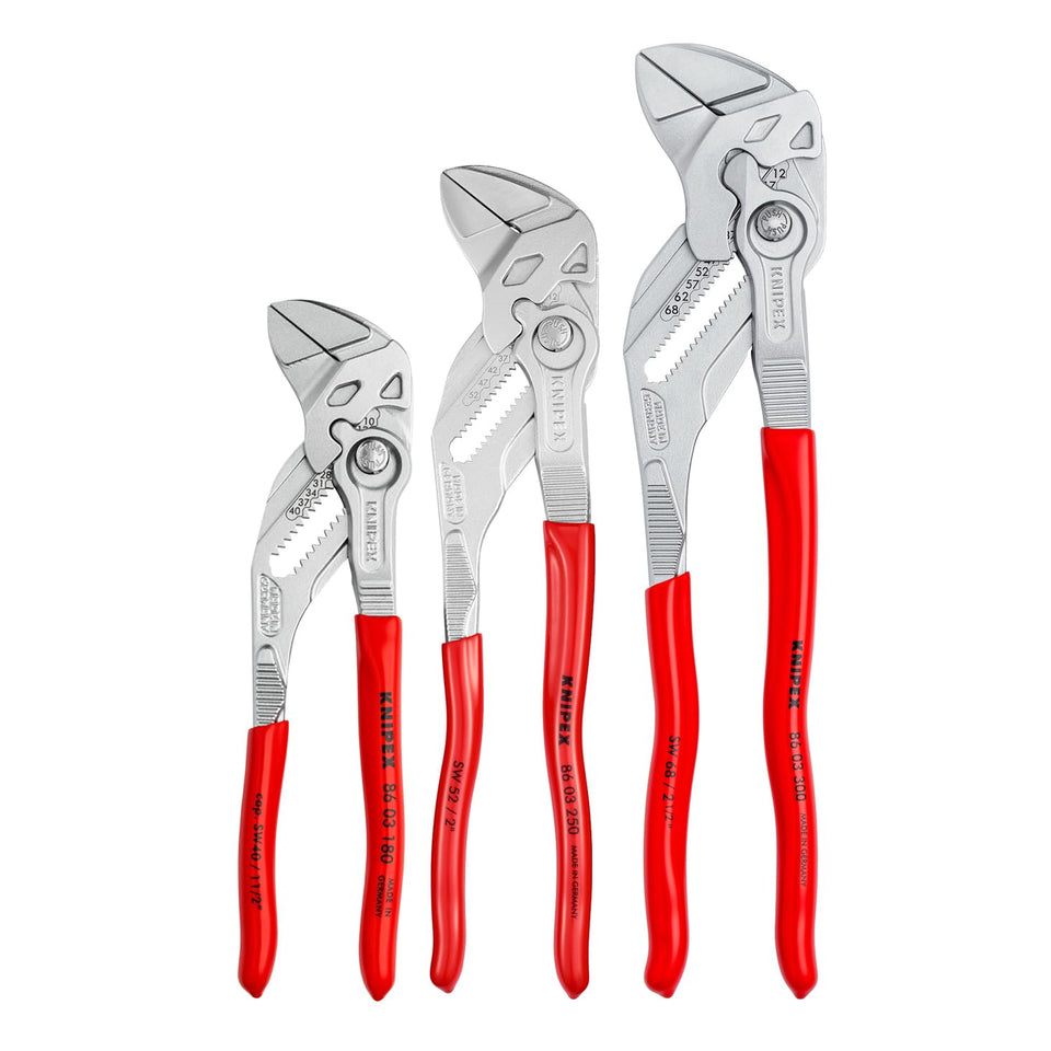KNIPEX 00 20 06 US2 three-piece pliers wrench set closeup with precise jaws