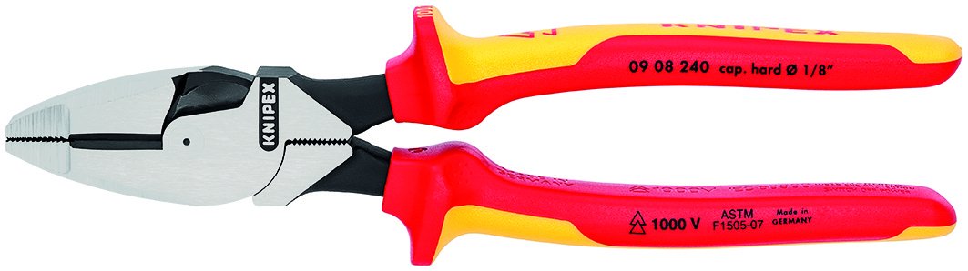 KNIPEX Tools 09 08 240 SBA insulated lineman's pliers in use for crimping and pulling