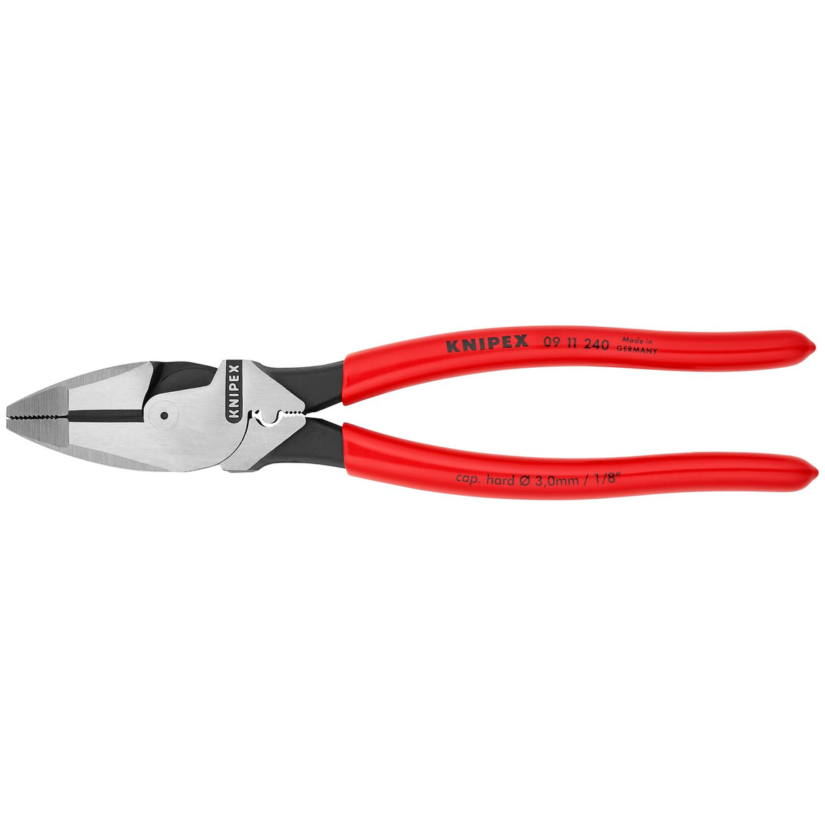 KNIPEX 09 11 240 SBA lineman pliers front view with high leverage grip and cutting