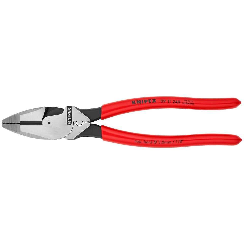 KNIPEX 09 11 240 SBA lineman pliers front view with high leverage grip and cutting