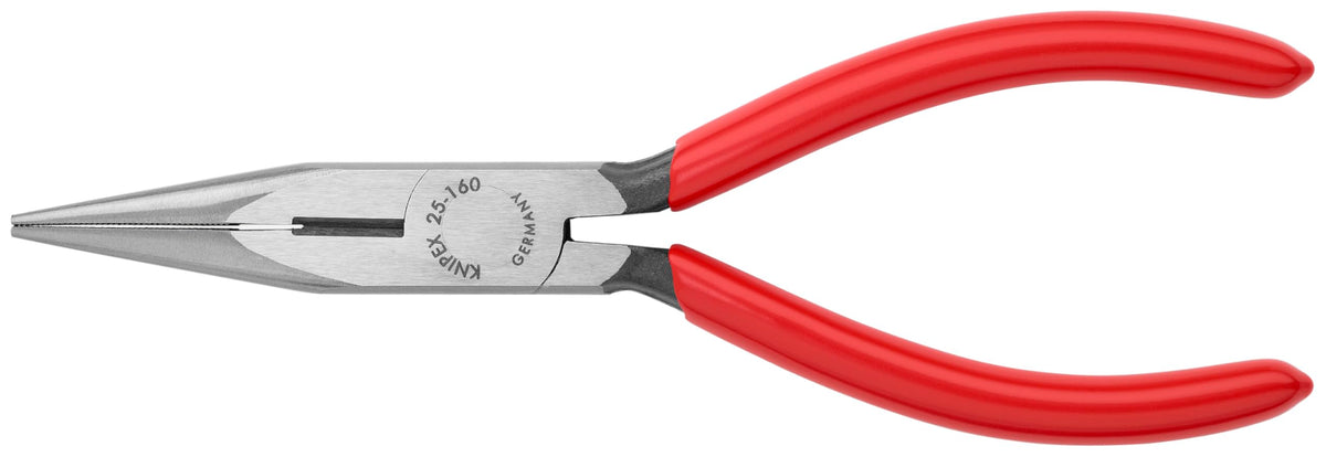 KNIPEX 25 01 160 long nose pliers front view showing precise jaws for delicate work.