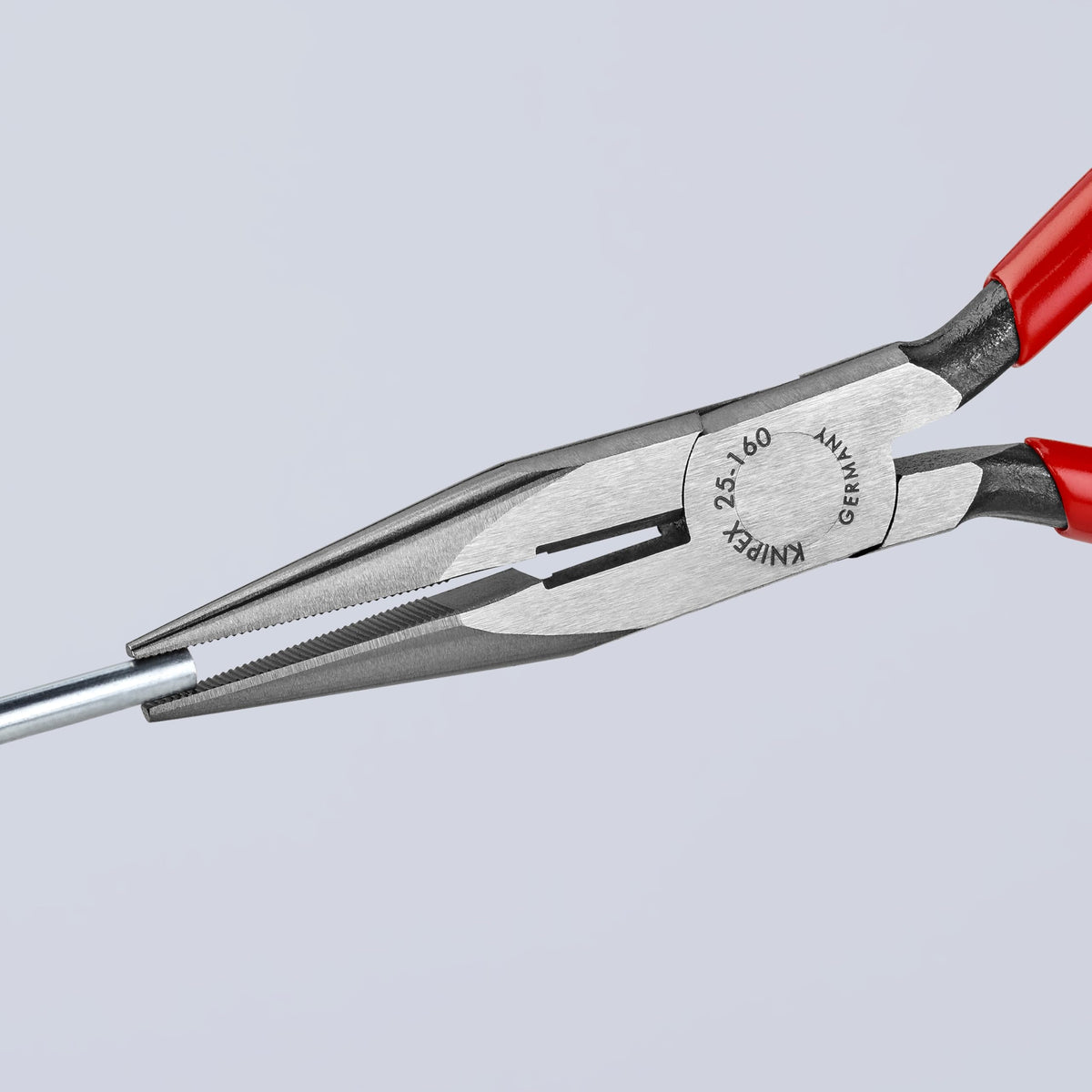 KNIPEX 25 01 160 long nose pliers jaws with serrated gripping surfaces for secure grip.
