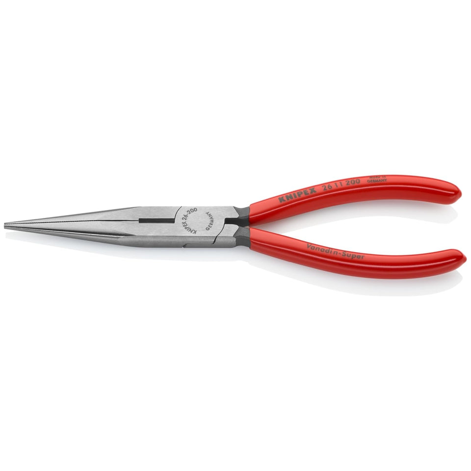 KNIPEX 26 11 200 long nose pliers with cutter for precise grip in tight spaces.