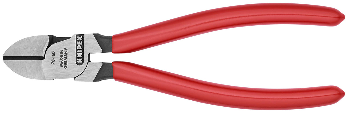 KNIPEX 70 01 160 diagonal cutters show induction-hardened cutting edges for durable cuts.