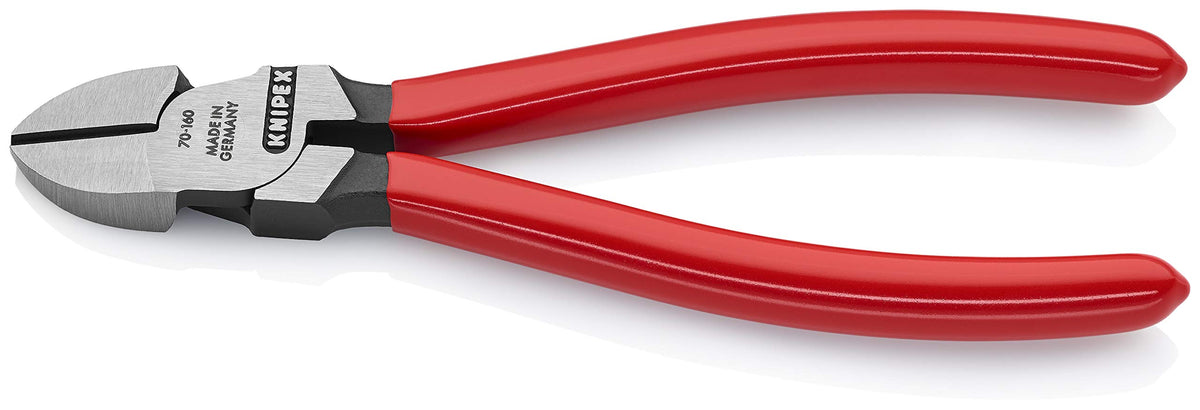 KNIPEX 70 01 160 diagonal cutters with a narrow head reach confined spaces for precise cuts.