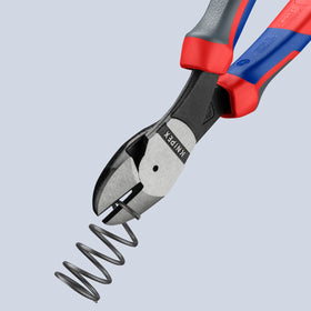 KNIPEX 74 22 200 induction-hardened edges tackle piano wire reliably.