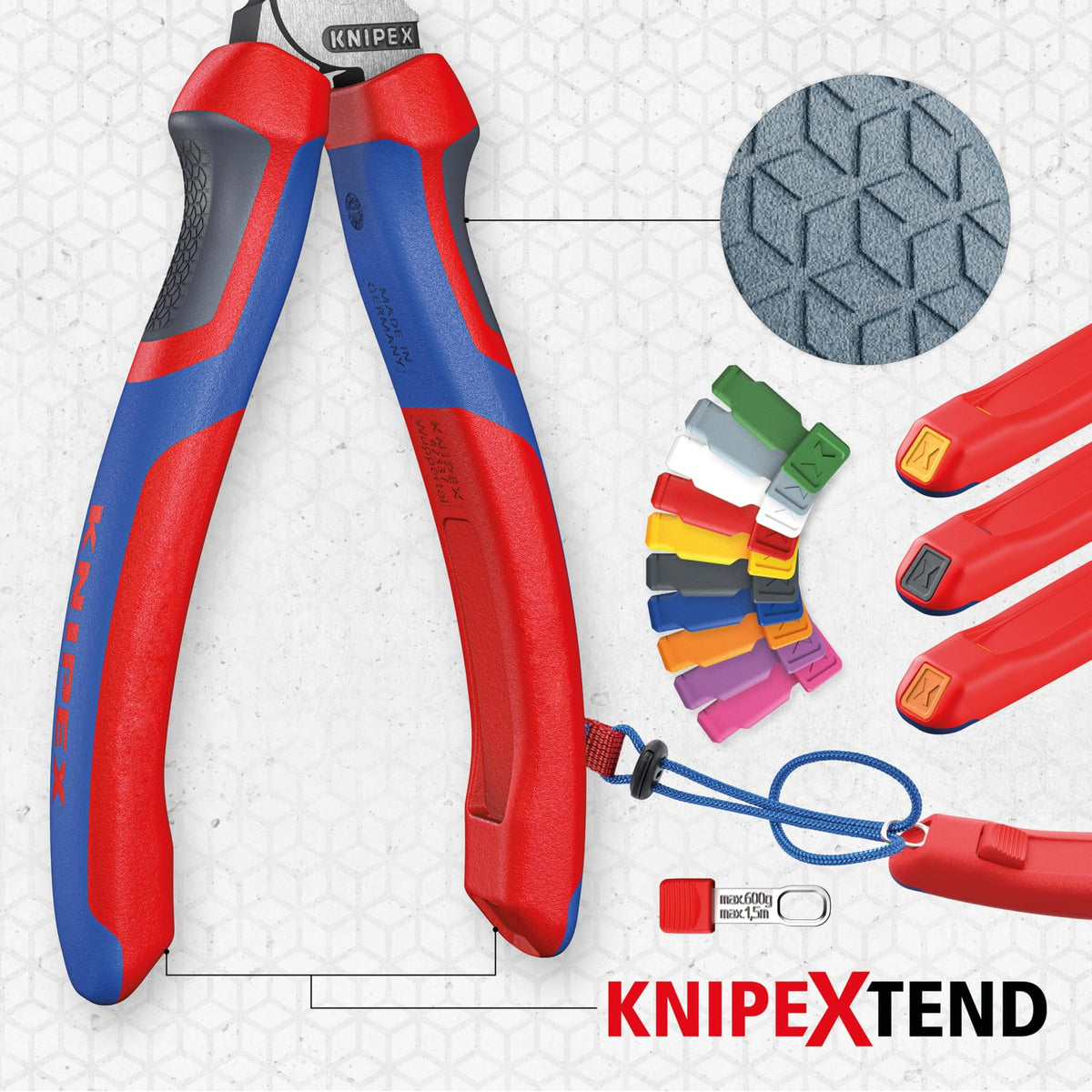 Knipex 7422250SBA forged-on axle increases tool stability for heavy use.