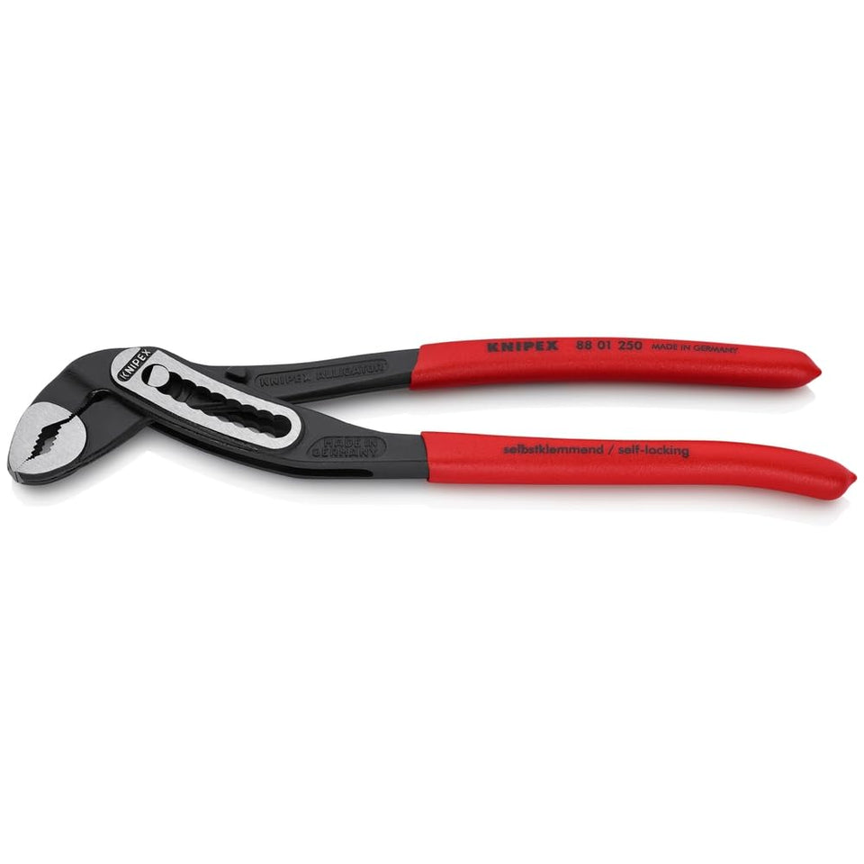 Knipex 8801250 10-inch alligator pliers grip pipes firmly with precision jaws.