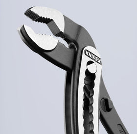 Knipex 8801250 self-locking feature prevents slips on pipes and nuts.