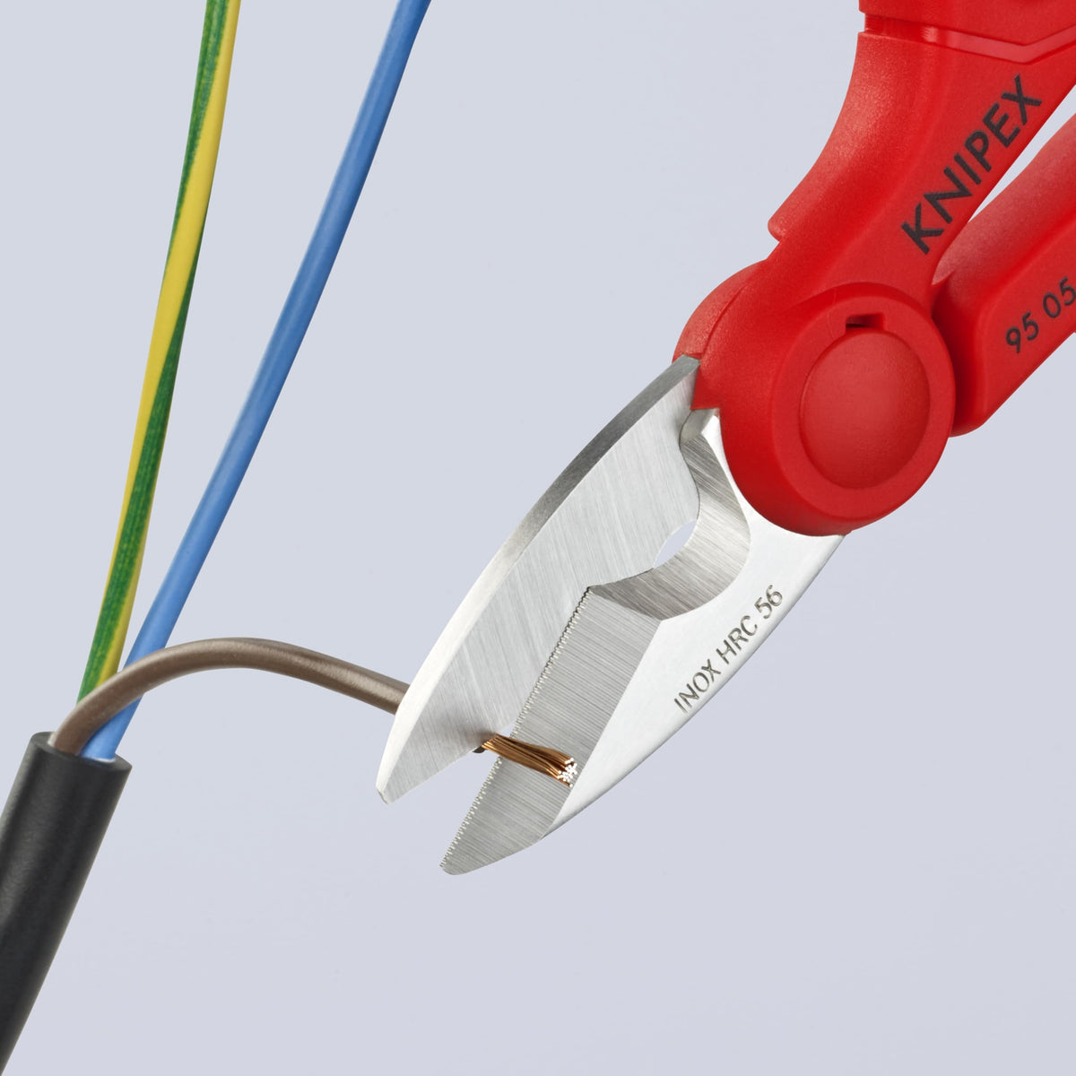 KNIPEX 9505155SBA fine serration for non-slip wire cuts.