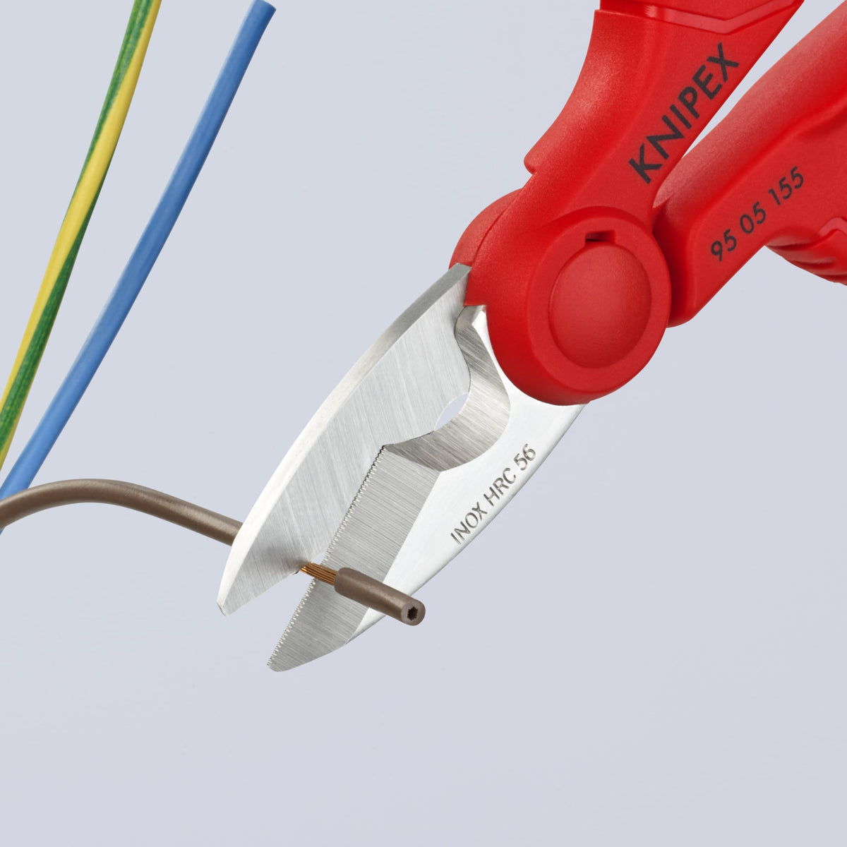 KNIPEX 9505155SBA stainless steel blades at 56 HRC for durability.
