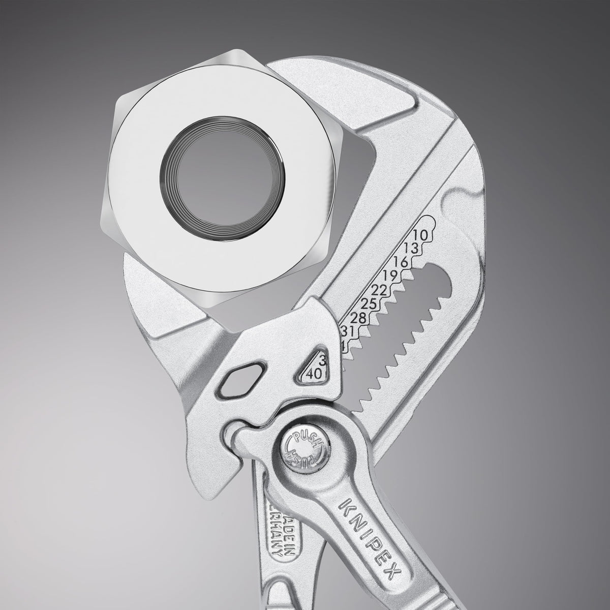 KNIPEX 9K image highlights ratchet-like operation for secure jaw control